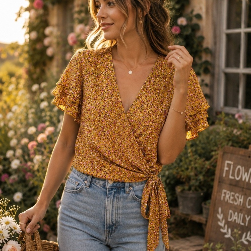 C Womens Floral Wrap Top Mustard Yellow Ruffle Sleeve Blouse Size‎ m Cottagecore